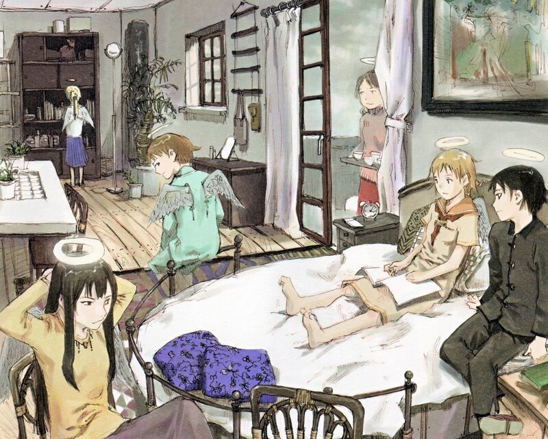 Children with angel wings in a room