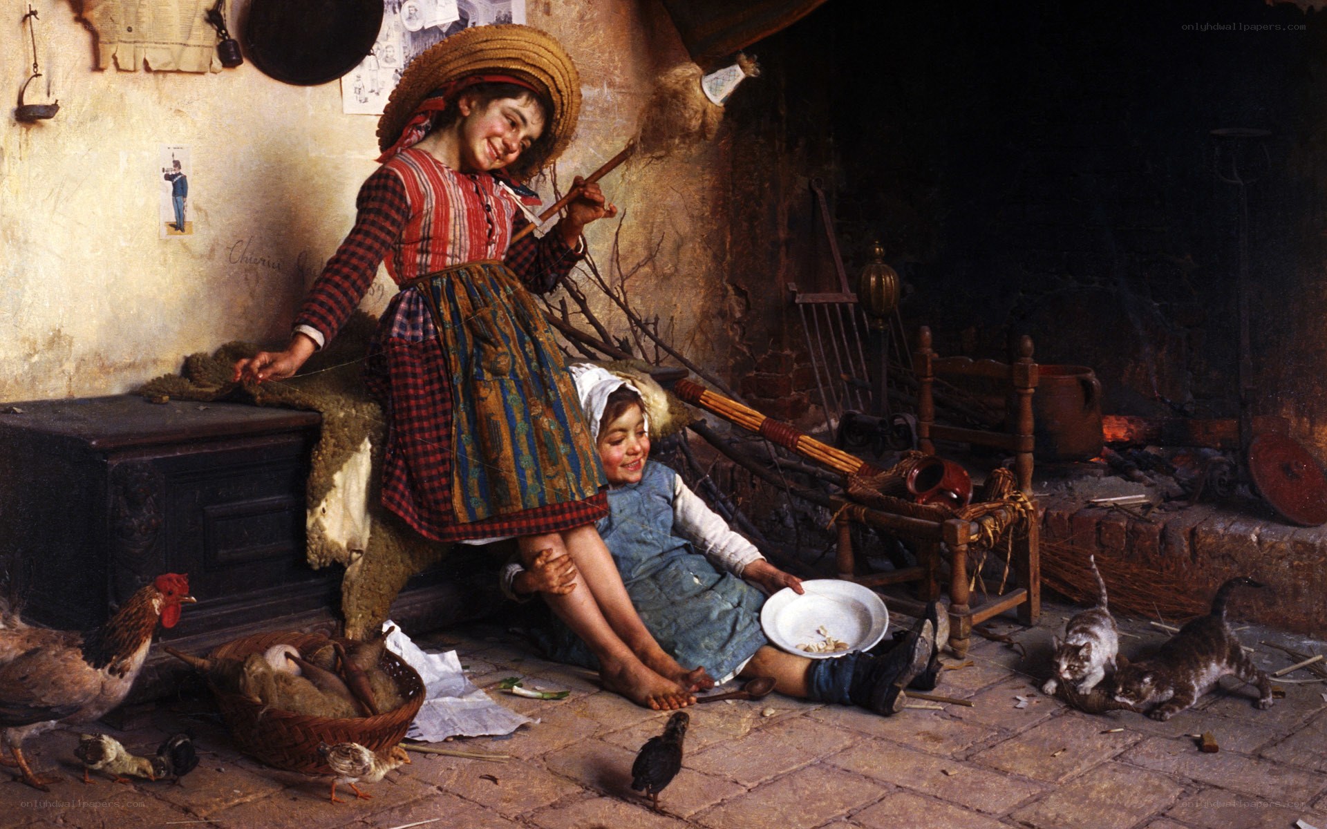Children with animals in a kitchen