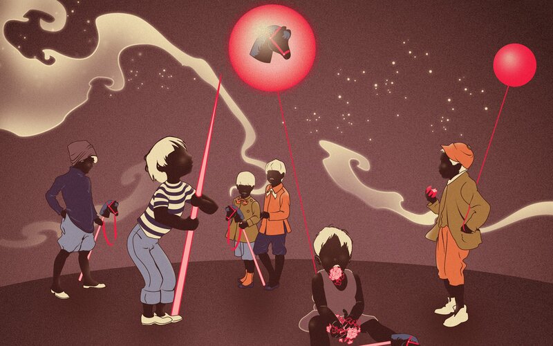 Children with balloons at night