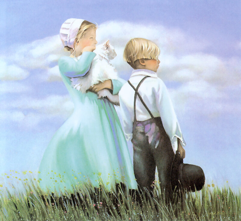 Children with cat in field