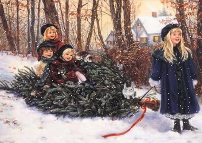 Children with Christmas Tree — White, Festive