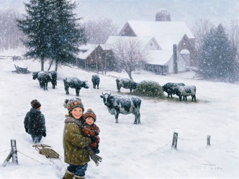 Children with Cows in Snow