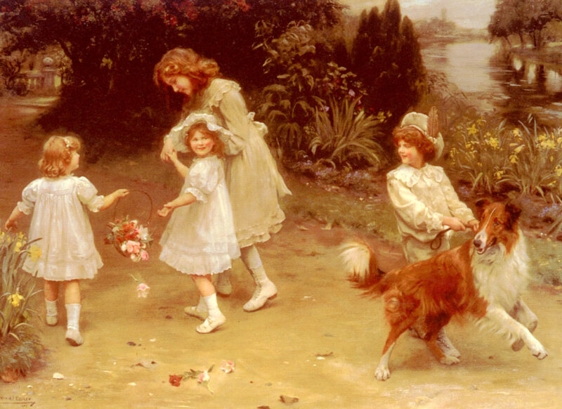 Children with Dog in Garden — White