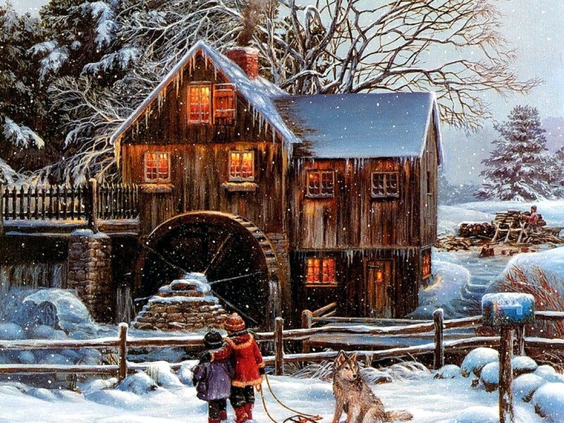 Children with Dog in Snow — Brown
