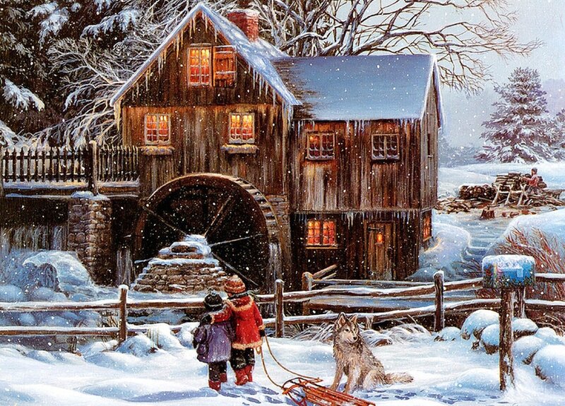 Children with Dog in Snow — White, Peaceful