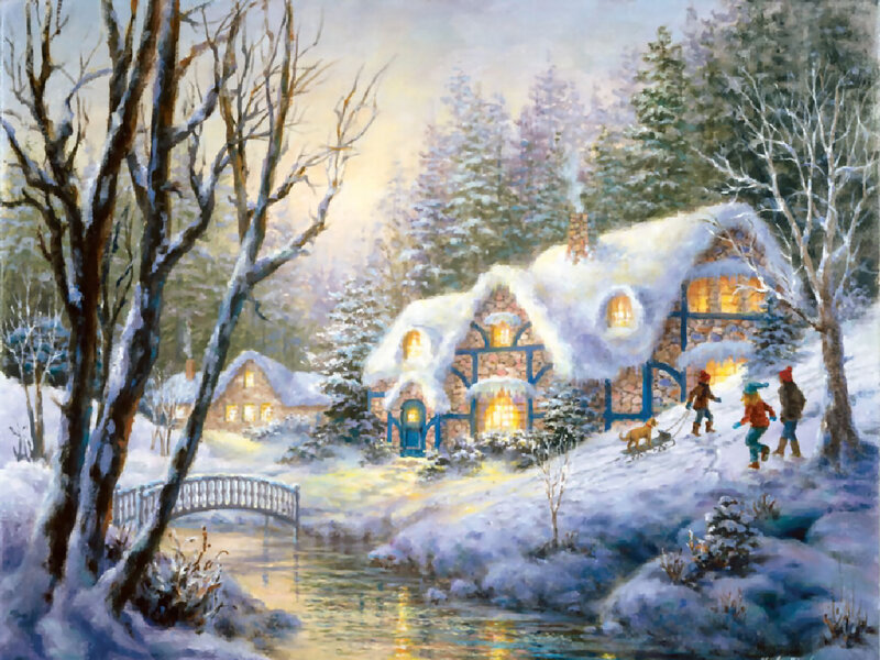 Children with Dog in Snow — White, Peaceful, Winter
