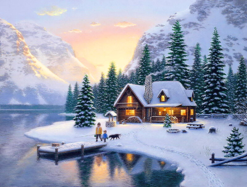 Children with Dog in Snow — White, Serene