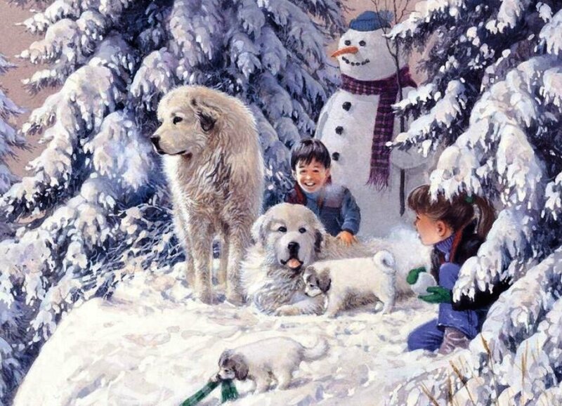 Children with Dogs in Snow