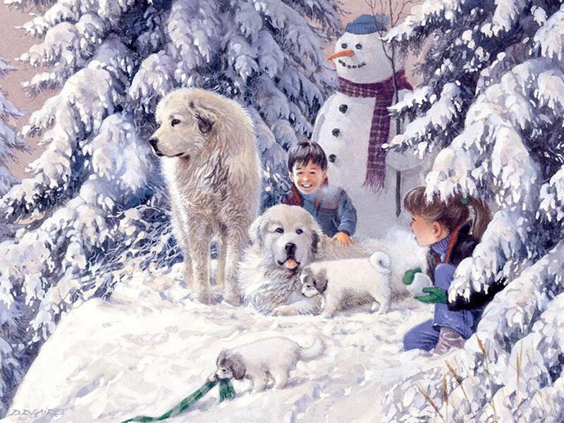 Children with Dogs in Snow — White