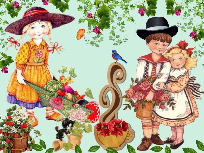 Children with Flowers and a Kitten