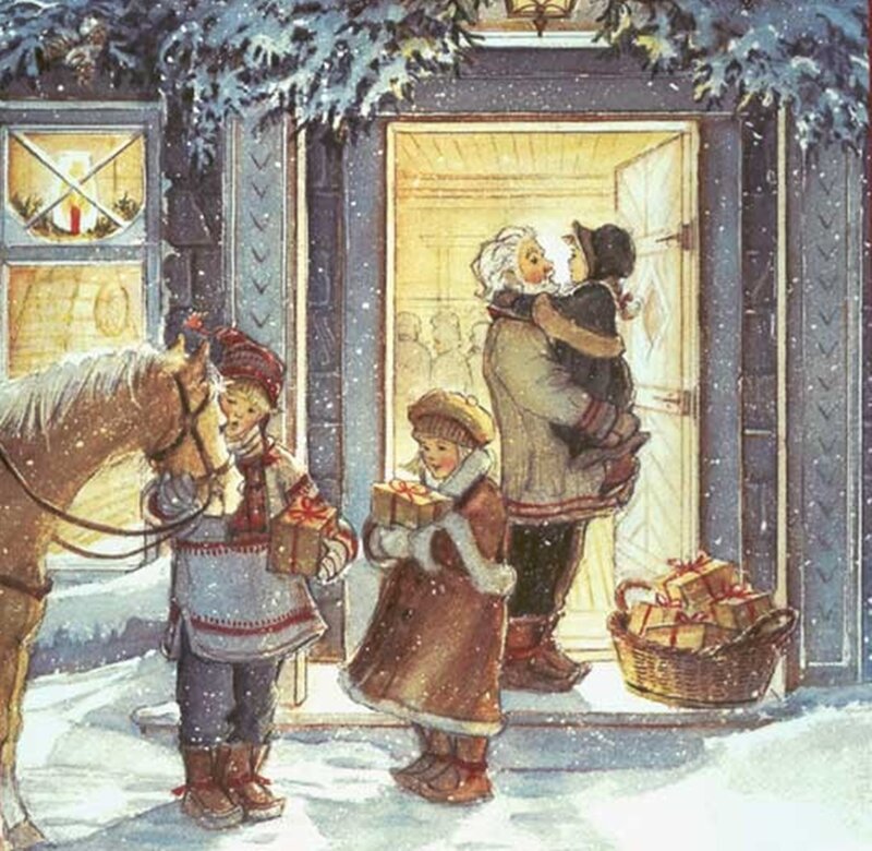 Children with Gifts in Snow — White