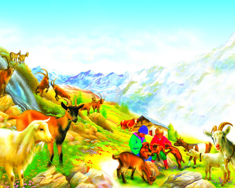 Children with Goats in Mountains