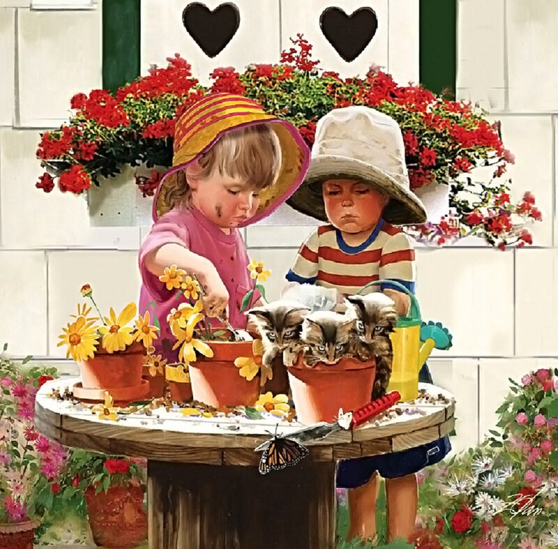Children with Kittens — Red