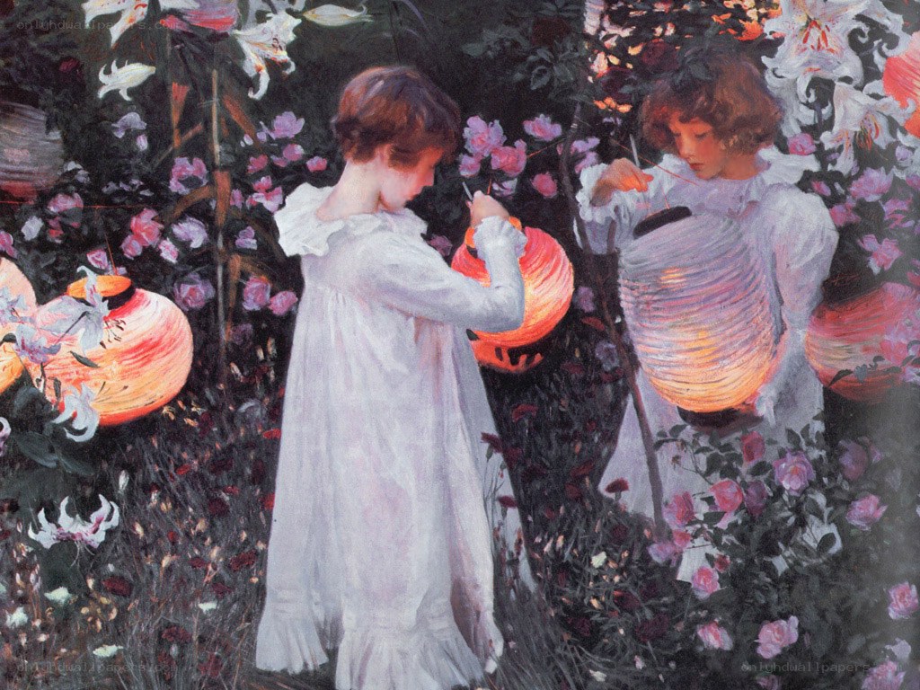 Children with lanterns in garden