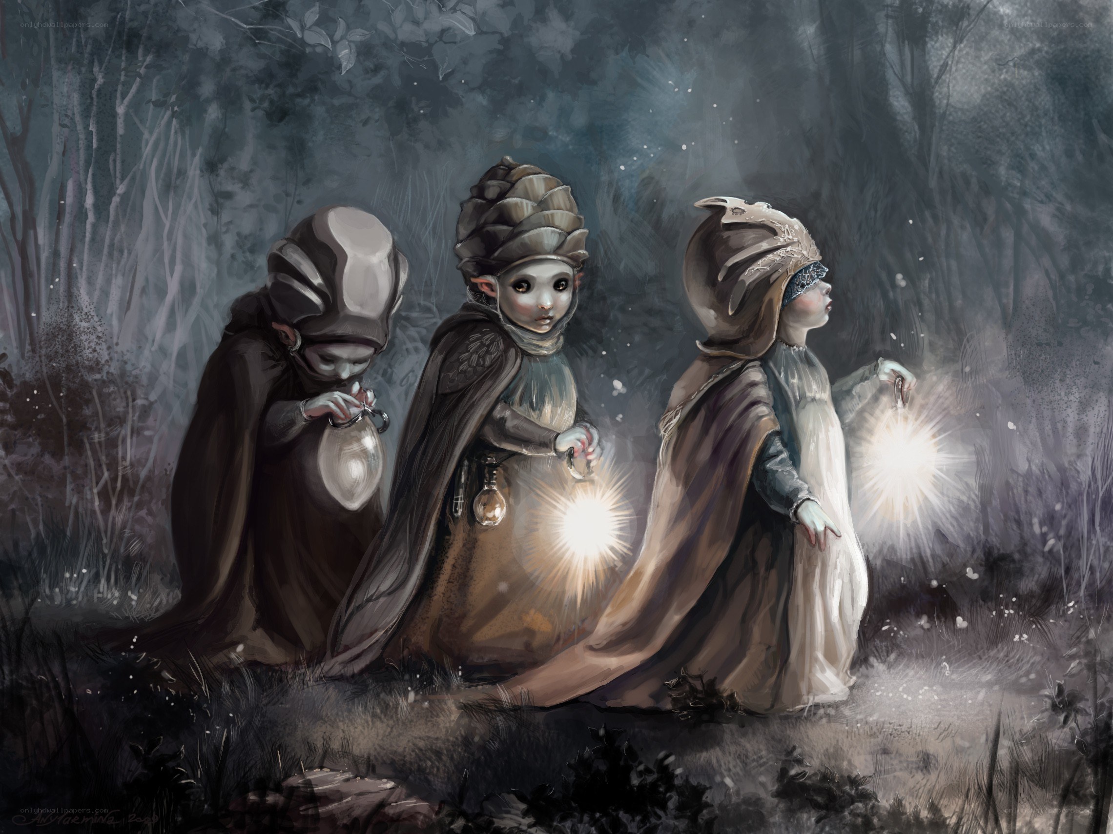 Children with lanterns in the forest