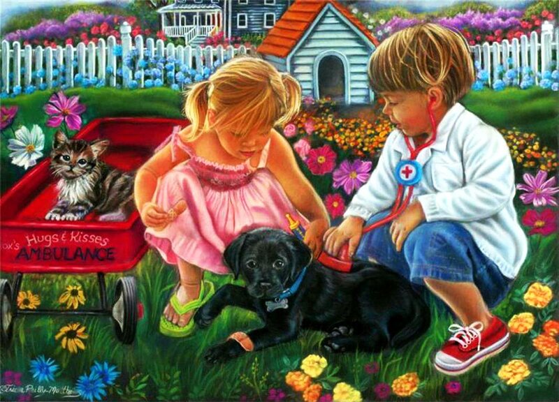 Children with Pets in Garden