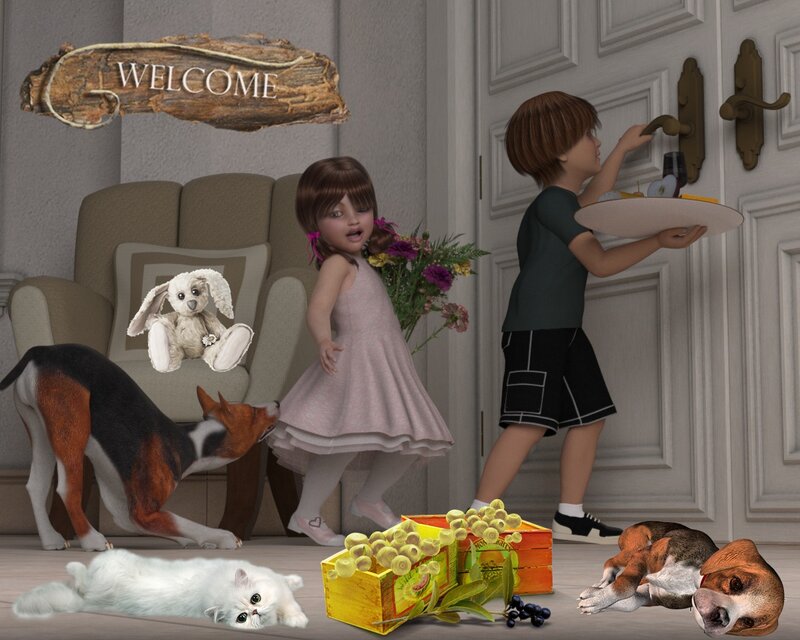 Children with Pets in Hallway