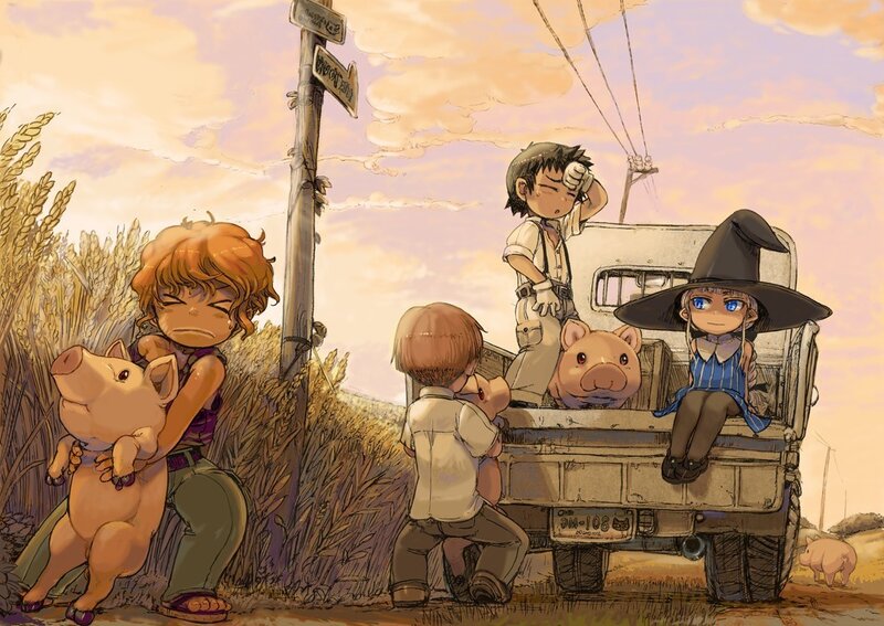 Children with pigs in a truck