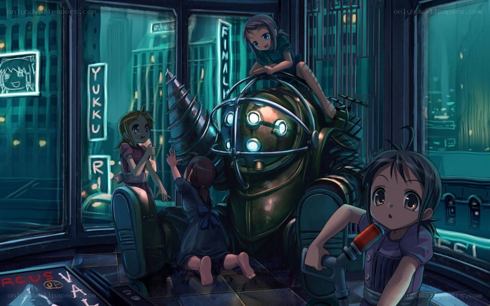 children with robot in city