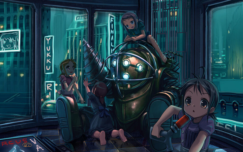 children with robot in city