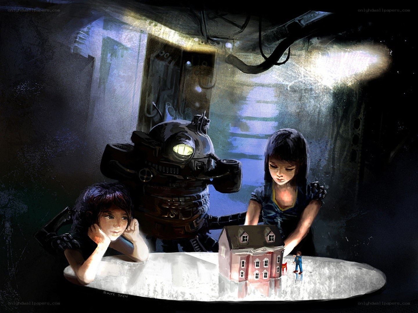 Children with robot in dark room