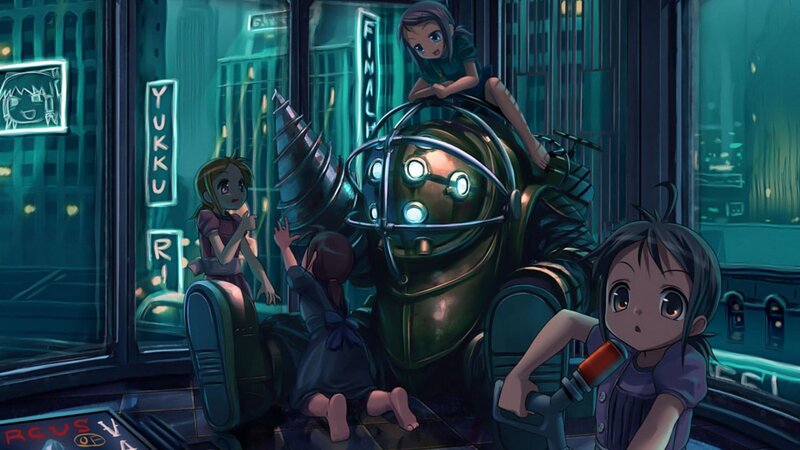 Children with Robot — Teal, Curious, Night, Anime