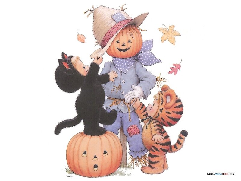 Children with scarecrow and pumpkins