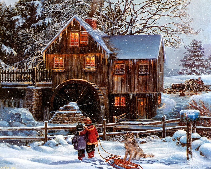 Children with Sled and Dog