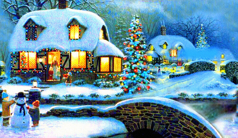Children with Snowman — Blue, Festive, Night, Illustration