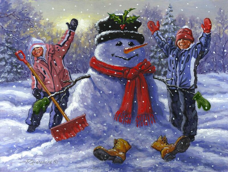 Children with Snowman — Blue, Festive