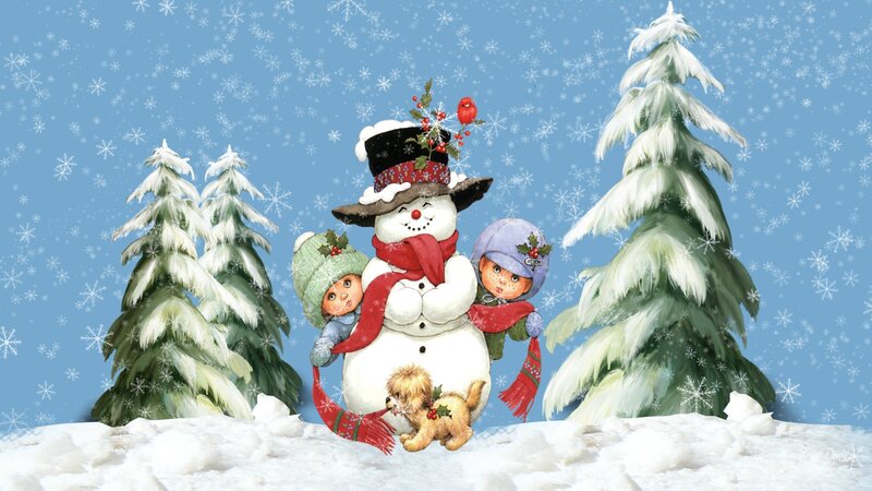 Children with Snowman — Blue