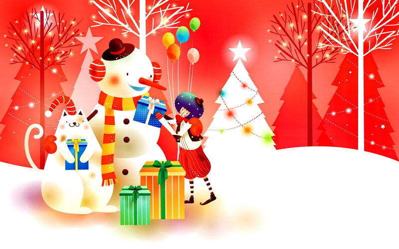 Children with Snowman — Red, Festive