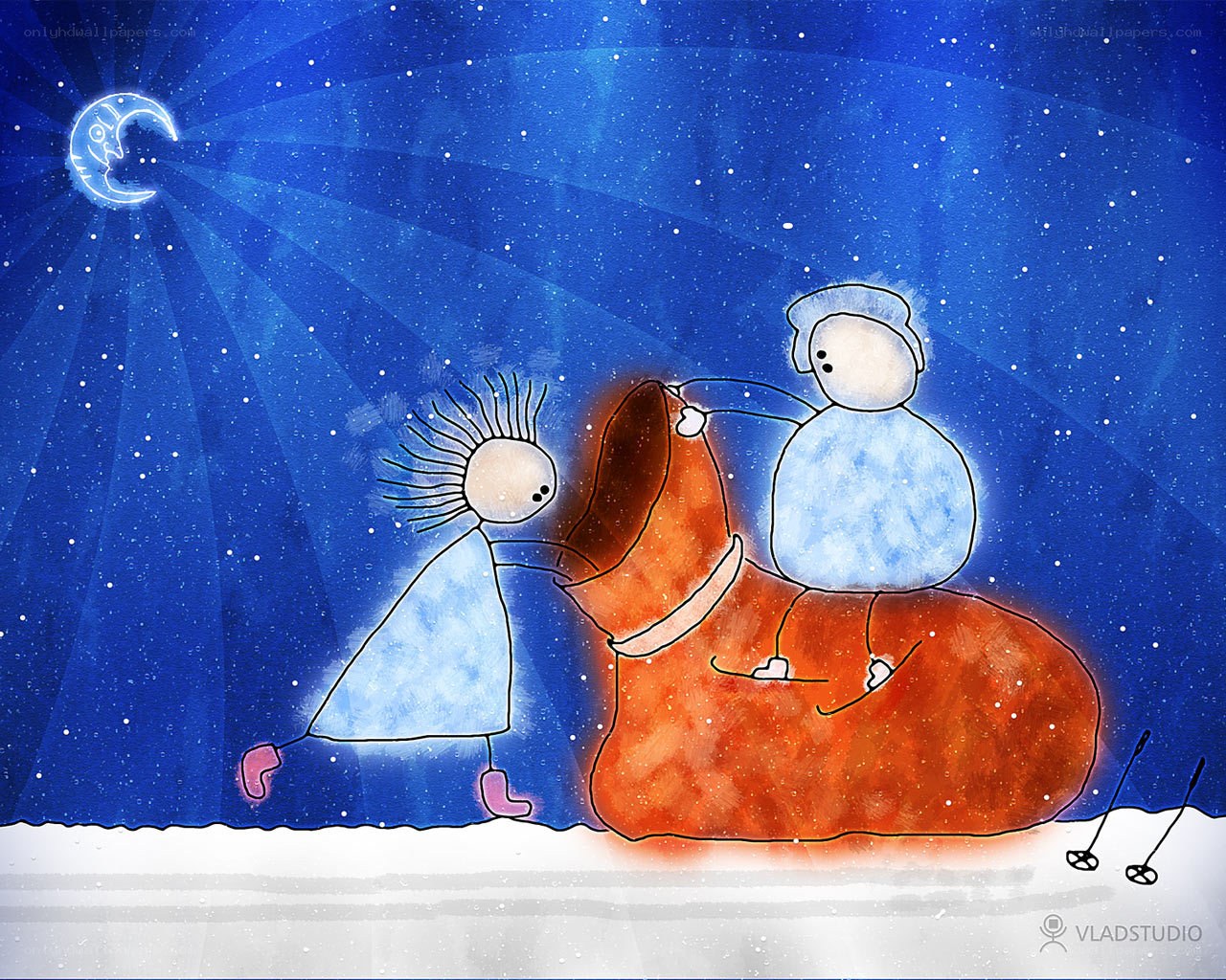 Children with snowman under moonlight