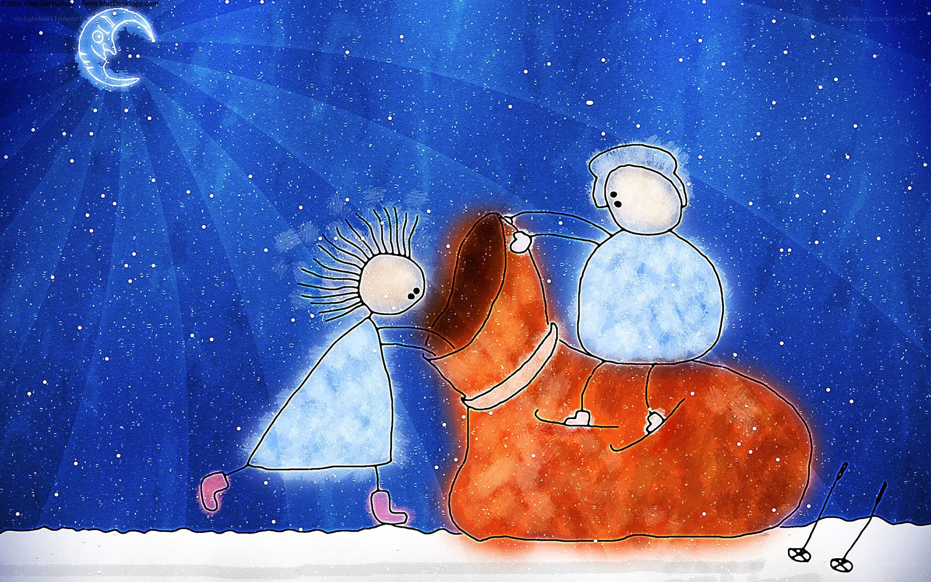 Children with snowman under moonlight