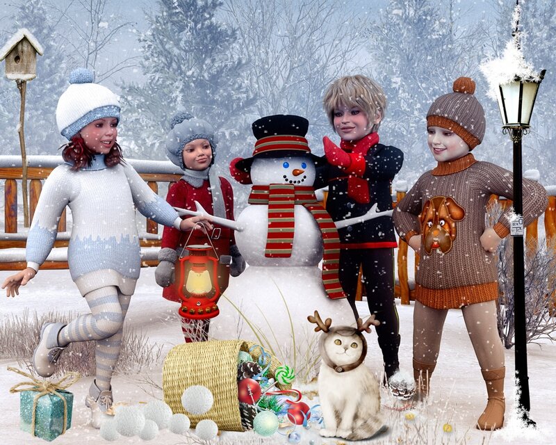 Children with Snowman — White, Festive