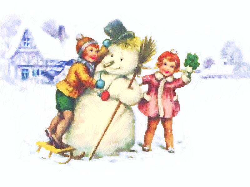 Children with Snowman — White, Festive, Winter