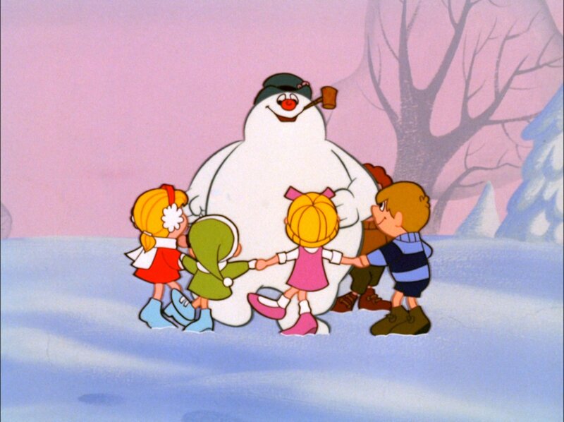 Children with Snowman — White, Joyful