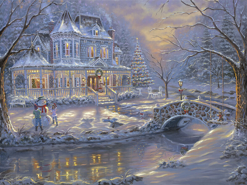 Children with Snowman — White, Peaceful