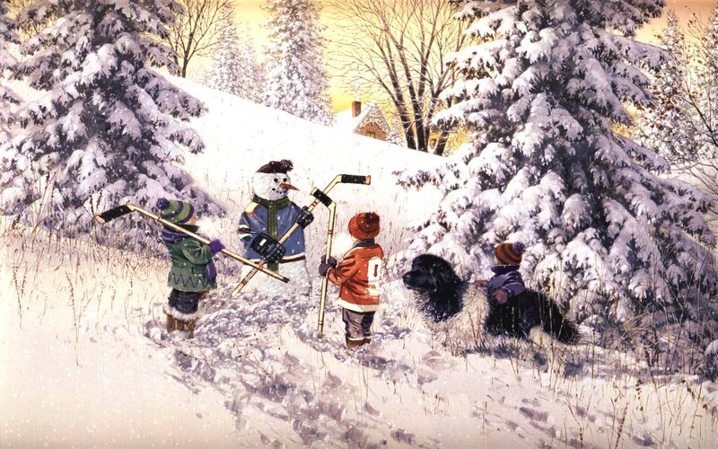 Children with Snowman — White, Peaceful, Winter, Illustration