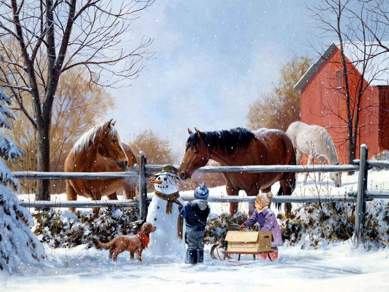 Children with Snowman — White, Peaceful, Winter, Painting, Horses