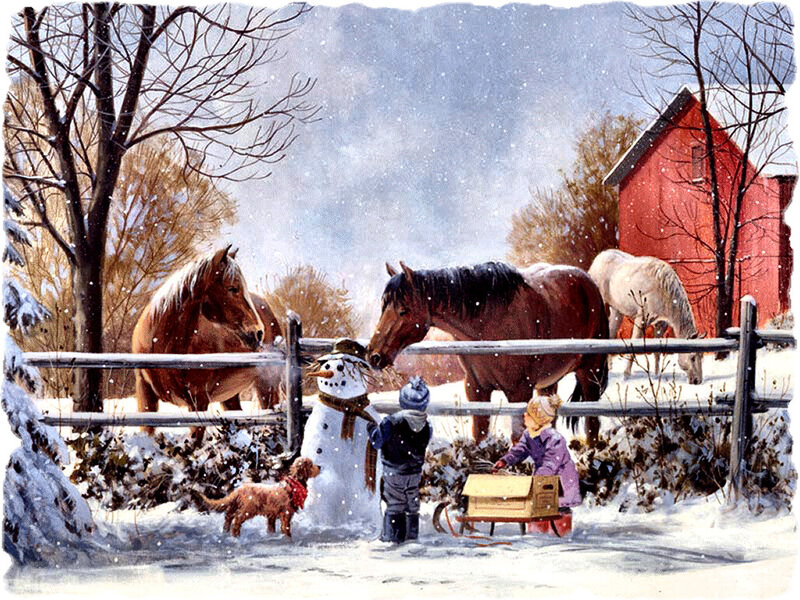 Children with Snowman — White, Peaceful, Winter