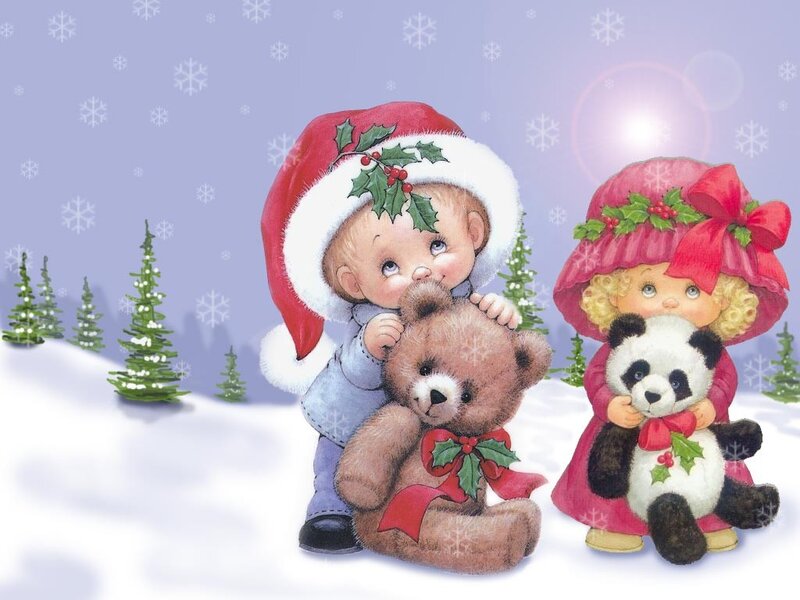 Children with Stuffed Animals — Purple, Festive, Winter