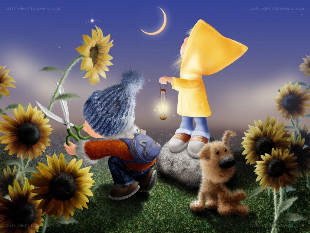 Children with sunflowers at night