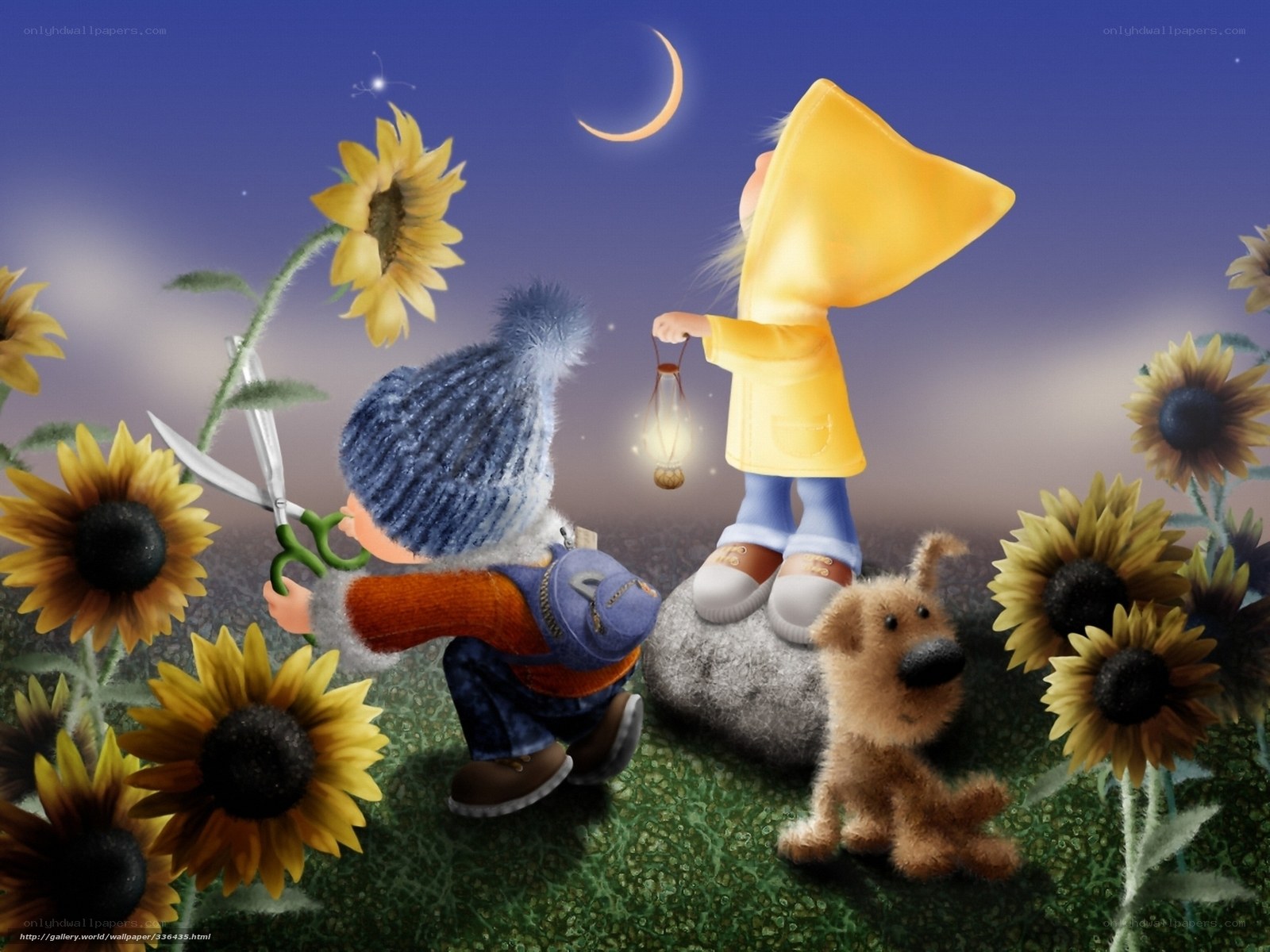 Children with sunflowers at night