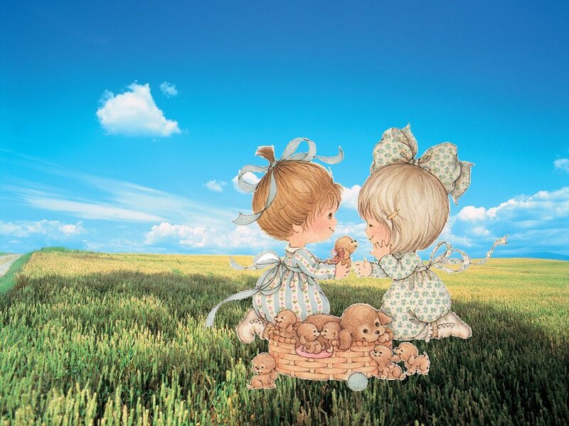 children with teddy bears in field