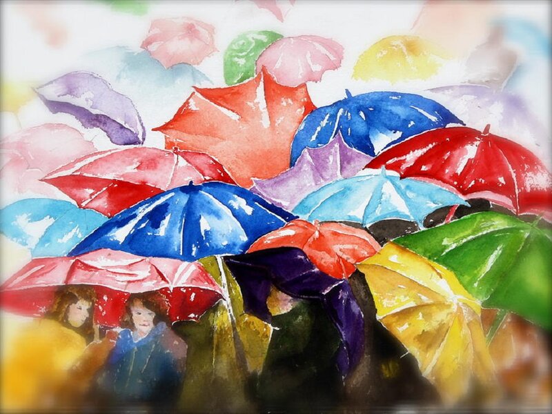 Children with Umbrellas — Blue