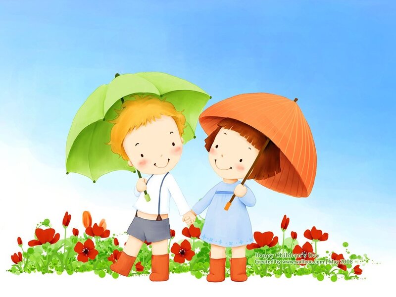 Children with umbrellas in a field