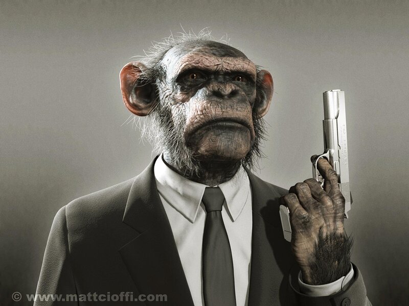 chimp in suit holding gun