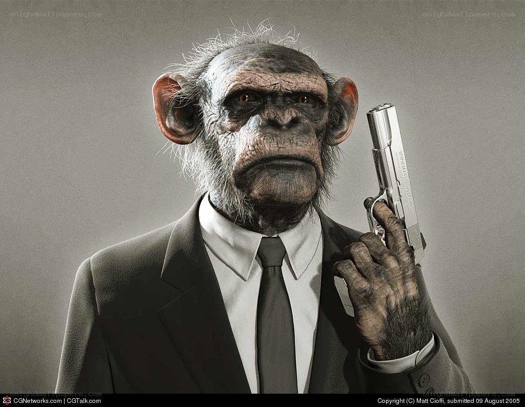 chimp in suit holding gun