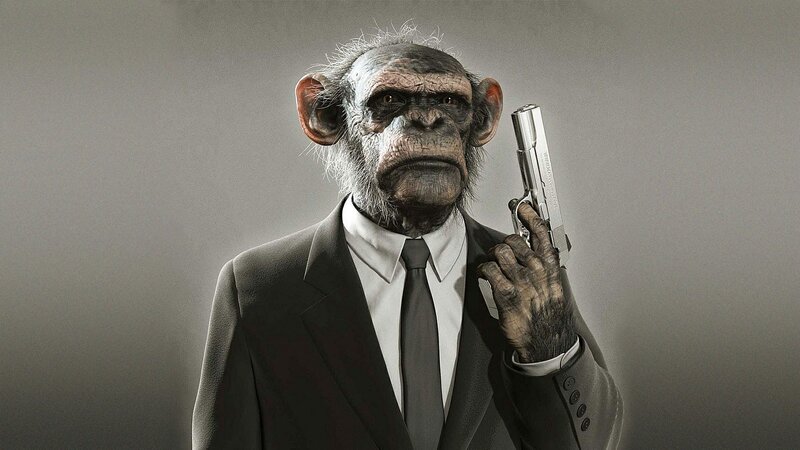 Chimp in Suit Holding Gun — Gray, Serious